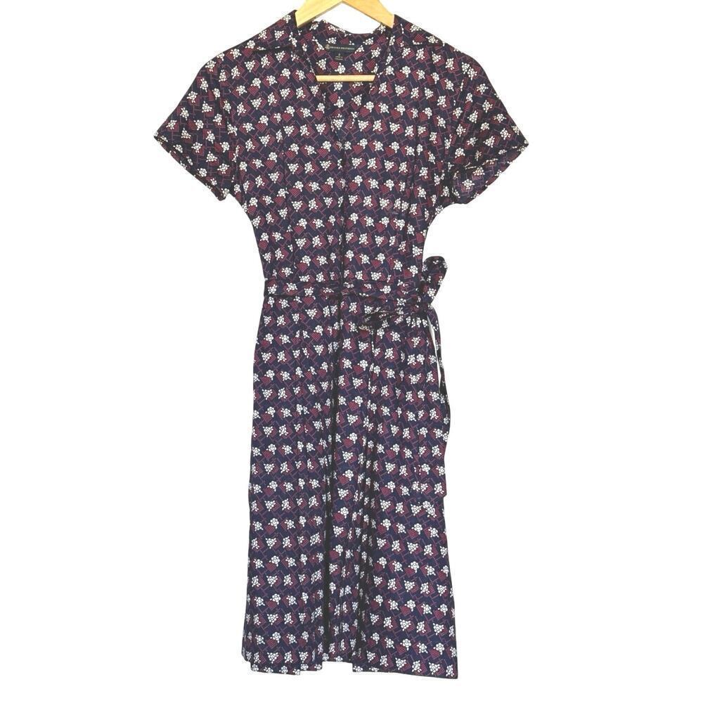 Brooks Brothers Womens 2 Shirt Dress Blue Red Floral Belted Cotton Pockets